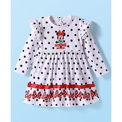 Babyhug Disney Single Jersey Knit Full Sleeves Frock Minnie Mouse Graphics & Frill Detailing - White