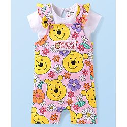 Babyhug Disney Single Jersey Knit Dungaree & Half Sleeves T-Shirt with Winnie the Pooh Graphic - Pink