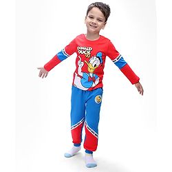Babyhug Disney Single Jersey Knit Full Sleeves T-Shirt & Lounge Pant Set With Donald Duck Graphics - Red & Blue