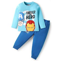 Babyhug Marvel Single Jersey Knit Full Sleeves T-Shirt & Lounge Pant Set With Avengers Graphics - Light & Medium Blue