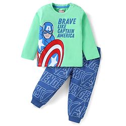 Babyhug Marvel Single Jersey Knit Full Sleeves T-Shirt & Lounge Pant Set With Avengers Graphics & Badge Detailing - Sea Green & Blue