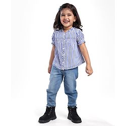 Babyhug Oxford Woven Half Puffed Sleeves Striped Top with Denim Jeans - Light Blue