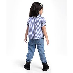 Babyhug Oxford Woven Half Puffed Sleeves Striped Top with Denim Jeans - Light Blue
