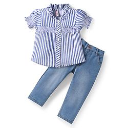 Babyhug Oxford Woven Half Puffed Sleeves Striped Top with Denim Jeans - Light Blue