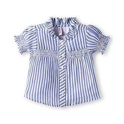 Babyhug Oxford Woven Half Puffed Sleeves Striped Top with Denim Jeans - Light Blue