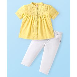 Babyhug Cotton Woven Half Sleeves Schiffli Detailed Top & Solid Denim Jeans Set - Yellow & White