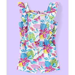 Babyhug Single Jersey Knit Sleeveless Jumpsuit With Floral & Butterfly Print - White