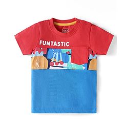 Babyhug Cotton Knit Half Sleeves T-Shirt with Fruit Print & Pocket - Blue & Red