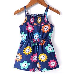 Babyhug Single Jersey Knit Singlet Sleeves Floral Printed Jumpsuit with Pockets - Navy Blue
