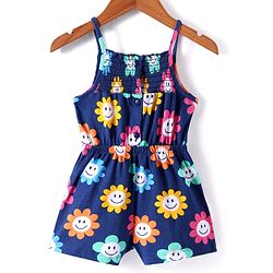 Babyhug Single Jersey Knit Singlet Sleeves Floral Printed Jumpsuit with Pockets - Navy Blue