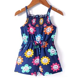Babyhug Single Jersey Knit Singlet Sleeves Floral Printed Jumpsuit with Pockets - Navy Blue