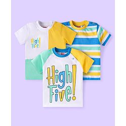 Babyhug Cotton Knit Half Sleeves T-Shirts with Cut & Sew Stripes & Text Print Pack of 3 - White