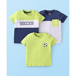 Babyhug Cotton Knit Half Sleeves T-Shirts with Soccer Print Pack of 3 - Lime Green & White