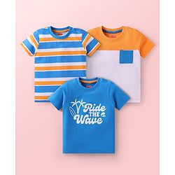 Babyhug Cotton Knit Half Sleeves Striped T-Shirts with Text Graphics Pack of 3 - Blue White & Orange