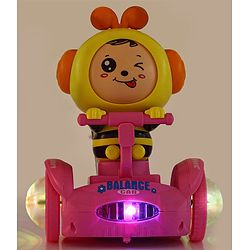 Babyhug Premium Balancing Car Toy with Interactive Revolving Cute Car with 4 Different Expressions| Colorful Led Lights & Music -Baby Pink