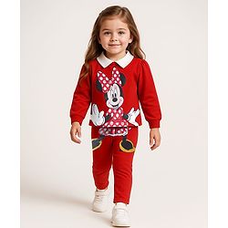 Babyhug Disney Single Jersey Knit  Full Sleeves T-Shirt & Leggings Set With Minnie Mouse Graphics & Badge Detailing - Red