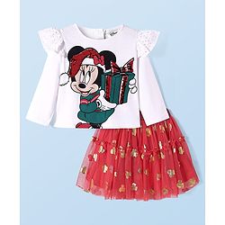 Babyhug Disney Single Jersey Knit Full Sleeves Top With Frill Detailing & Mesh Skirt Set With Minnie Mouse Graphics - Red & White