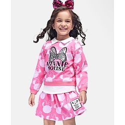 Babyhug Disney Single Jersey Knit Full Sleeves Overlapped Top & Skirt Set  With Minnie Mouse Graphics Badge & Sequins Detailing - Pink