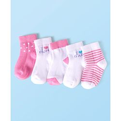 Cute Walk by Babyhug Knit Ankle Length Socks with Stripes Polka Dots & Text Design Pack of 5 - White & Pink