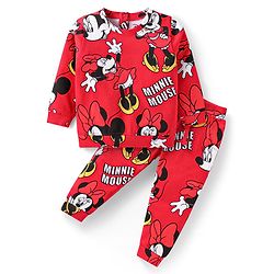 Babyhug Disney Terry Knit Full Sleeves Sweatshirt & Lounge Pant Set with Minnie Mouse - Red