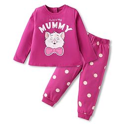 Babyhug Disney Single Jersey Knit Full Sleeves Night Suit with Aristocats Marie Print - Dark Pink