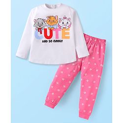 Babyhug Disney Single Jersey Knit Full Sleeves Night Suit with Aristocats Marie Print - White & Pink