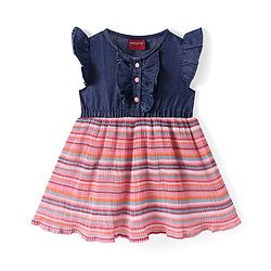 Babyhug Cotton Woven Frill Sleeves Striped Frock With Frill Detailing - Blue & Red