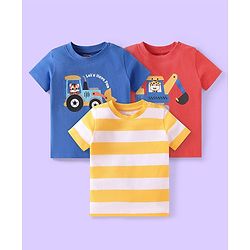 Babyhug Cotton Knit Half Sleeves T-Shirts with Stripes & Vehicle Print Pack of 3 - Blue Red & White