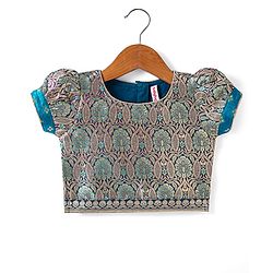 Babyhug Woven Half Puff Sleeves Pattu Pavda Brocade Choli With Lehenga & Dupatta Set & Tassel Detailing - Teal Blue