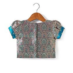 Babyhug Woven Half Puff Sleeves Pattu Pavda Brocade Choli With Lehenga & Dupatta Set & Tassel Detailing - Teal Blue