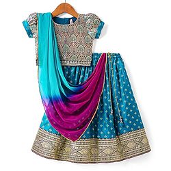 Babyhug Woven Half Puff Sleeves Pattu Pavda Brocade Choli With Lehenga & Dupatta Set & Tassel Detailing - Teal Blue