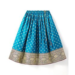 Babyhug Woven Half Puff Sleeves Pattu Pavda Brocade Choli With Lehenga & Dupatta Set & Tassel Detailing - Teal Blue