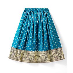 Babyhug Woven Half Puff Sleeves Pattu Pavda Brocade Choli With Lehenga & Dupatta Set & Tassel Detailing - Teal Blue
