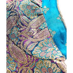 Babyhug Woven Half Puff Sleeves Pattu Pavda Brocade Choli With Lehenga & Dupatta Set & Tassel Detailing - Teal Blue
