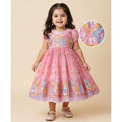Babyhug Woven Half Puff Sleeves Ethnic Dress With Floral & Sequin Embroidery - Pink