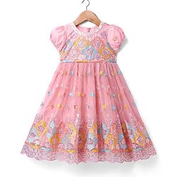 Babyhug Woven Half Puff Sleeves Ethnic Dress With Floral & Sequin Embroidery - Pink