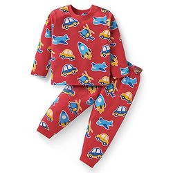 Babyhug Cotton Knit Full Sleeves Aeroplane & Car Printed Night Suit - Red