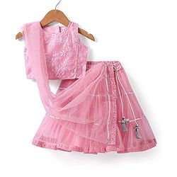 Babyhug  Sleeveless Net Embroidered Lehenga Choli and Dupatta Set- Pink