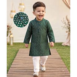 Babyhug Woven Full Sleeves Foil Printed Kurta Pajama Set - Dark Green