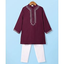 Babyhug Cotton Woven Full Sleeves Kurta Pyjama Set With Floral Embroiderey on Placket - Wine & White