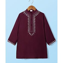 Babyhug Cotton Woven Full Sleeves Kurta Pyjama Set With Floral Embroiderey on Placket - Wine & White