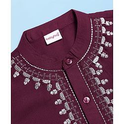 Babyhug Cotton Woven Full Sleeves Kurta Pyjama Set With Floral Embroiderey on Placket - Wine & White