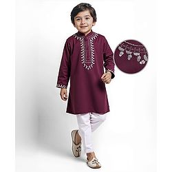 Babyhug Cotton Woven Full Sleeves Kurta Pyjama Set With Floral Embroiderey on Placket - Wine & White