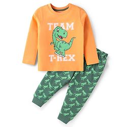 Babyhug Cotton Woven Full Sleeves Night Suit with Dino Print - Orange & Green