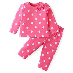 Babyhug Cotton Knit Full Sleeves Night Suit With Bow & Polka Dots Print - Dark Pink