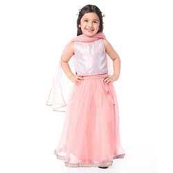 Babyhug Woven Sleeveless Sequined  Choli Lehenga & Dupatta Set- Pink