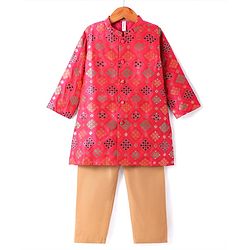 Babyhug Cotton Woven Full Sleeves Kurta Pyjama Set With Hand Block Print - Dark Pink
