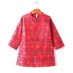 Babyhug Cotton Woven Full Sleeves Kurta Pyjama Set With Hand Block Print - Dark Pink