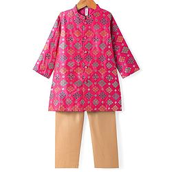 Babyhug Cotton Woven Full Sleeves Front Open Foil Printed Pyjama Kurta Set - Dark Pink