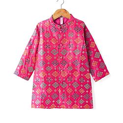Babyhug Cotton Woven Full Sleeves Front Open Foil Printed Pyjama Kurta Set - Dark Pink